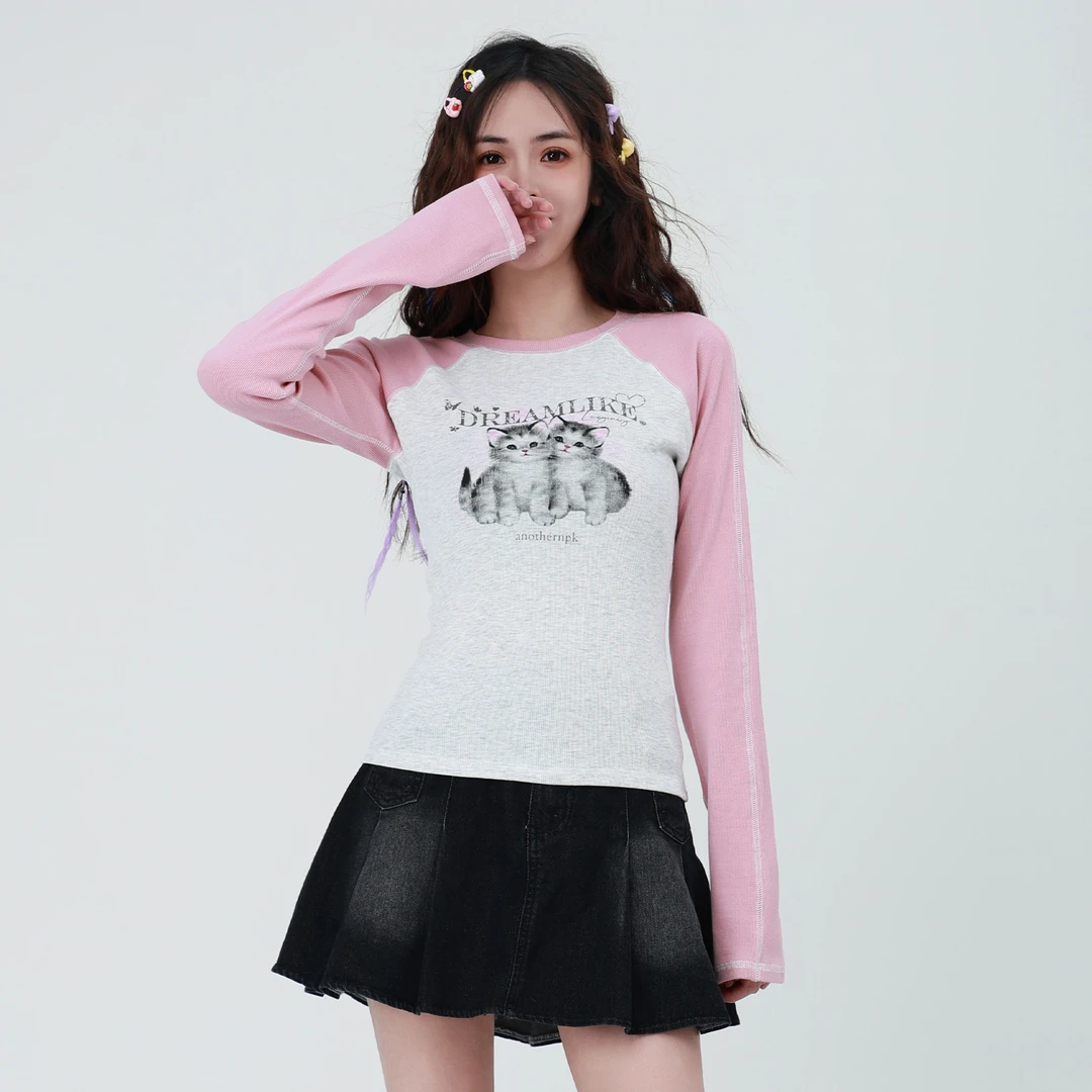 【禾子宠粉专款】猫咪印花圆领明线设计修身长袖T恤AD122C1120