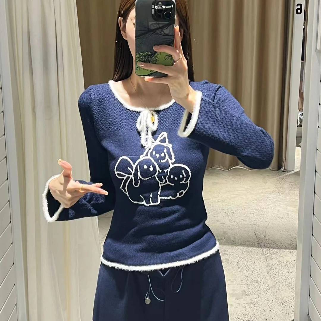 ANPK女装可爱图案纯欲蓝色针织毛衣AD141I7121