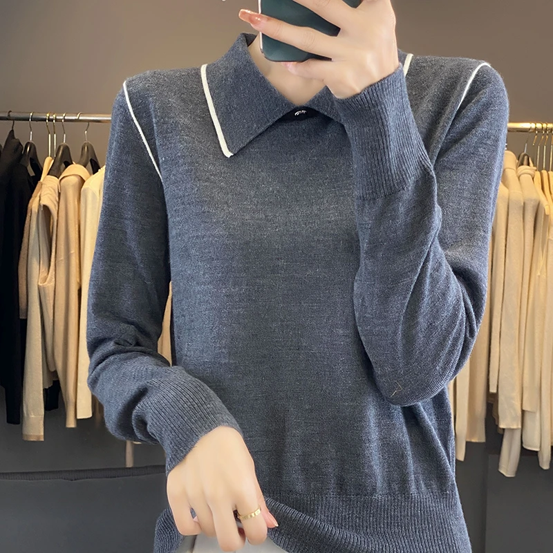 女士秋冬精仿羊毛打字针织衫娃娃领针织长袖