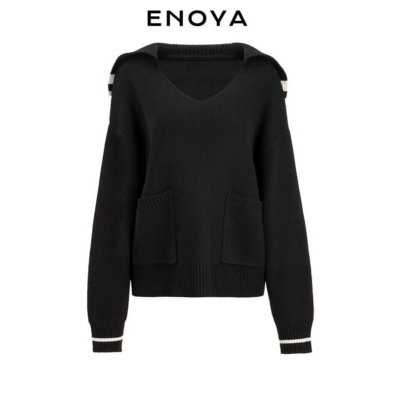 ENOYA春季新款女装韩版简约慵懒风海军领套头宽松羊毛针织衫卫衣