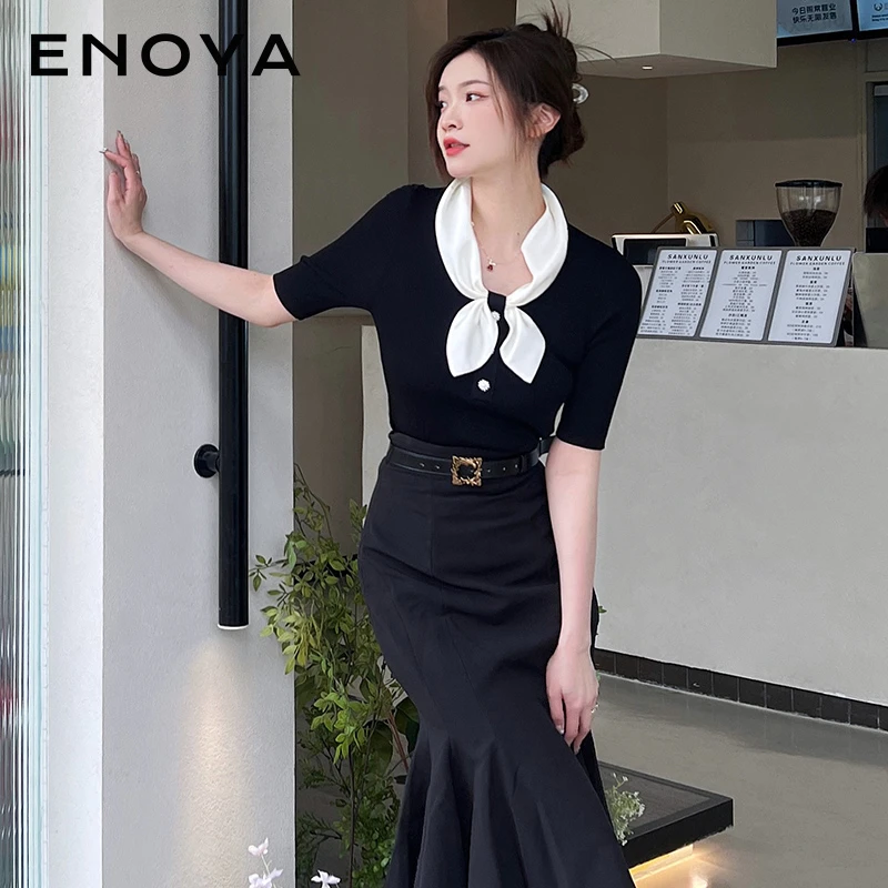 ENOYA设计师小香风撞色春复古蝴蝶结套头修身短袖打底针织上衣女