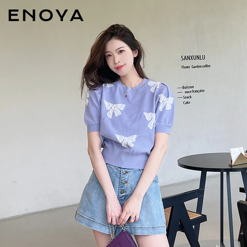 ENOYA2024夏季新款甜美钉珠立体蝴蝶泡泡袖针织衫上衣