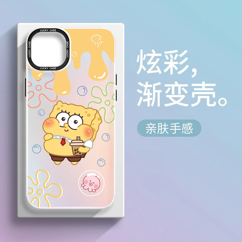 可爱海绵宝宝渐变镭射iphone14pro手机壳苹果13promax个性12磨砂