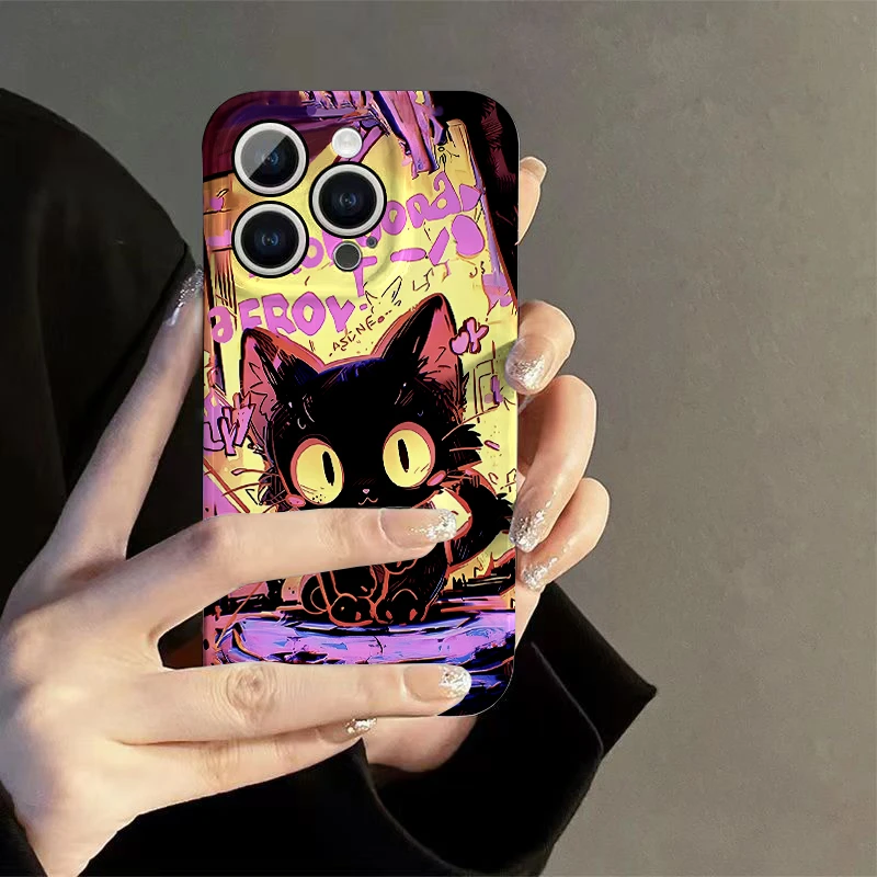 涂鸦黑猫苹果15手机壳14promax华为OPPO小米VIVO创意13菲林壳