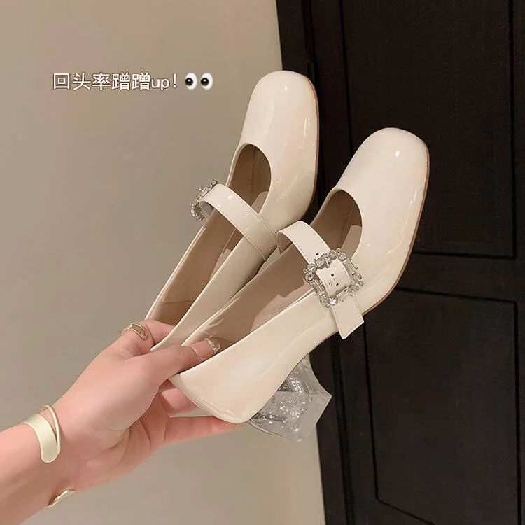 8693米白色  小众百搭时尚气质重春夏香雾甜茶~水钻粗高跟单鞋厅1