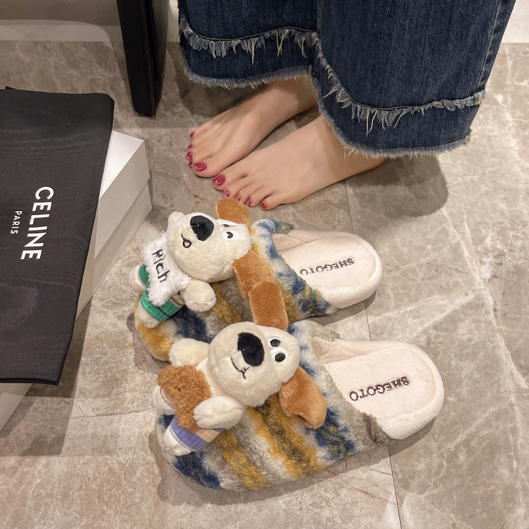 包头拖鞋女士2024冬季新款外穿流行时尚卡通软底防滑休闲毛毛拖鞋