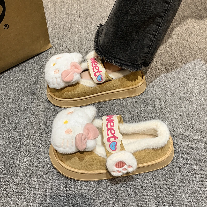 韩版可爱kt猫女2024秋冬新款加绒保暖厚底外穿防滑魔术贴面包棉鞋
