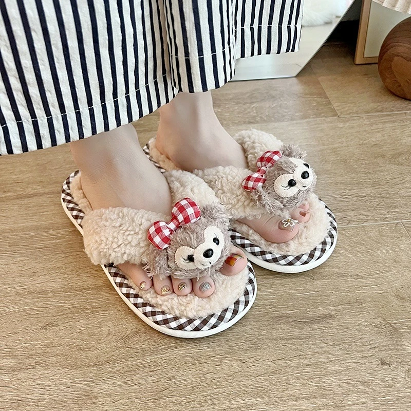 日式可爱雪莉玫夹脚毛绒拖鞋女款秋少女心小熊软底防滑毛绒人字拖