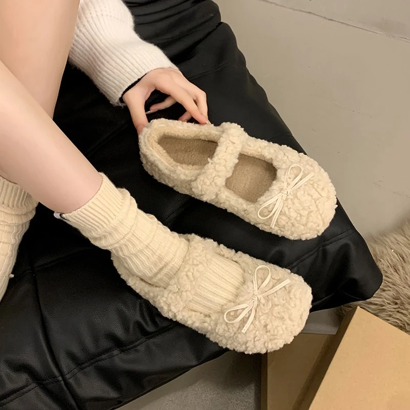 法式圆头平底鞋女加绒保暖羊羔毛蝴蝶结毛毛鞋女冬外穿棉单鞋百搭