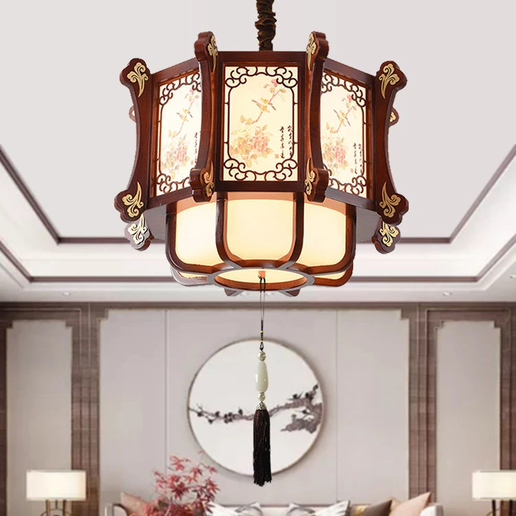 中式吊灯实木羊皮酒店茶楼包厢吊灯过道玄关阳台灯中国风木艺餐厅