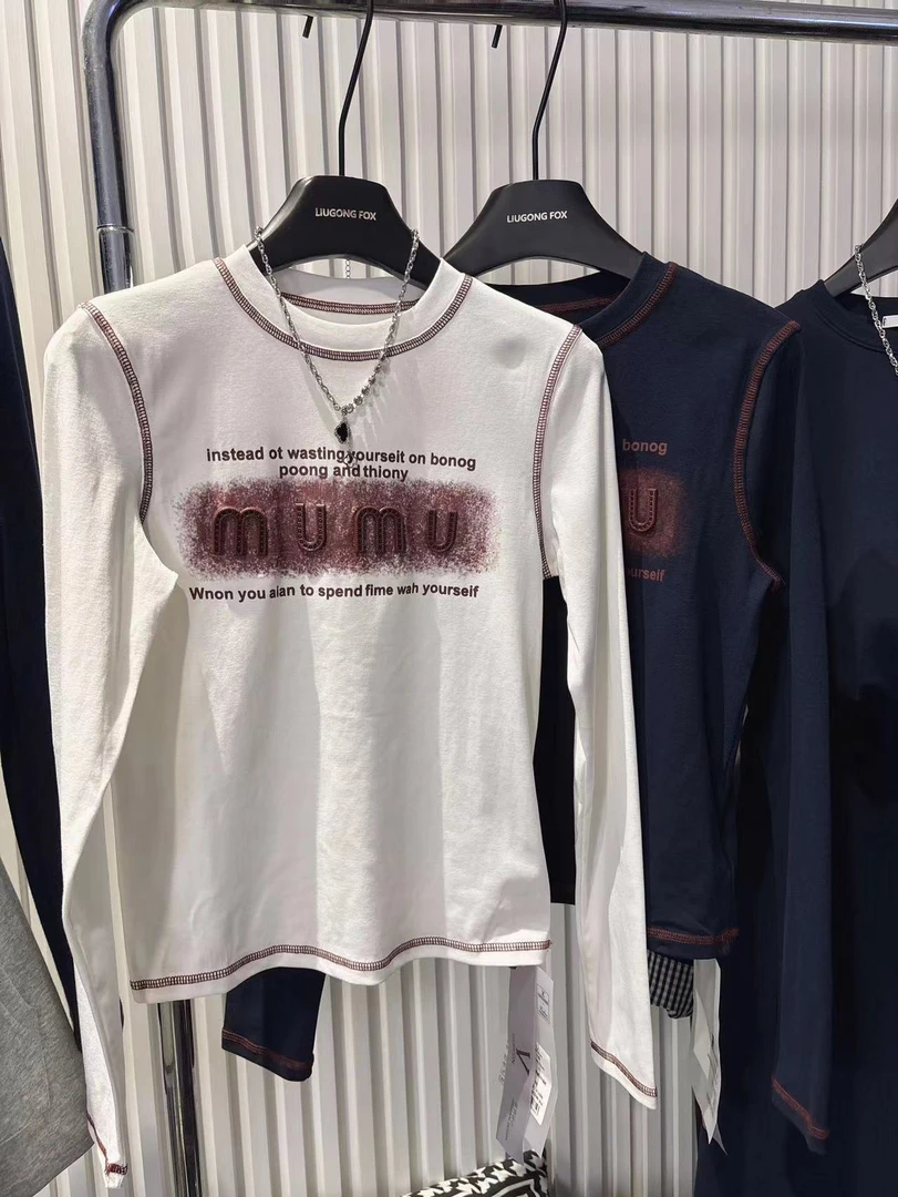 2024秋季新款长袖T恤女网红辣妹风立体装饰ins圆领正肩显瘦上衣女