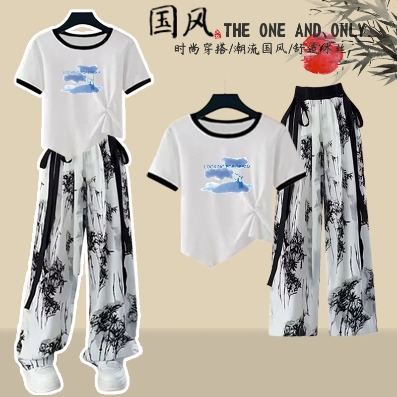 中大童短袖T恤女童+夏季新款冰感国风阔腿裤大童衣服宝宝洋气套装