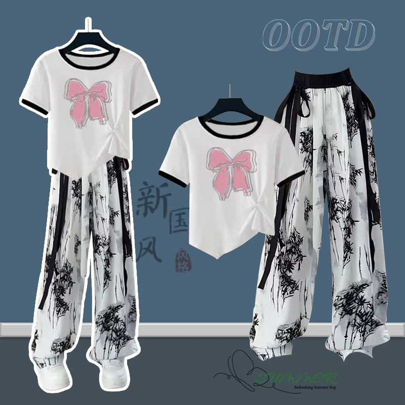 中大童休闲阔腿裤冰丝套装洋气显瘦女童女孩短袖新款时尚国风裤