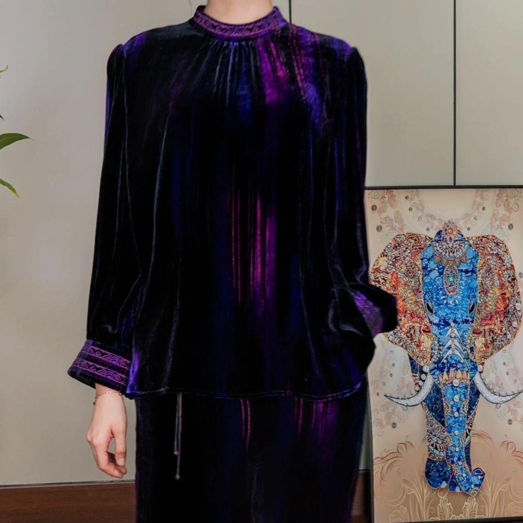 （上衣）新款紫色真丝丝绒时尚气质休闲洋气