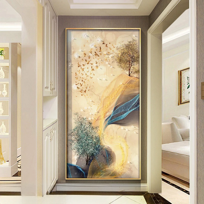 轻奢入户玄关鹿镶钻晶瓷装饰画竖走廊背景墙挂画抽象过道尽头壁画