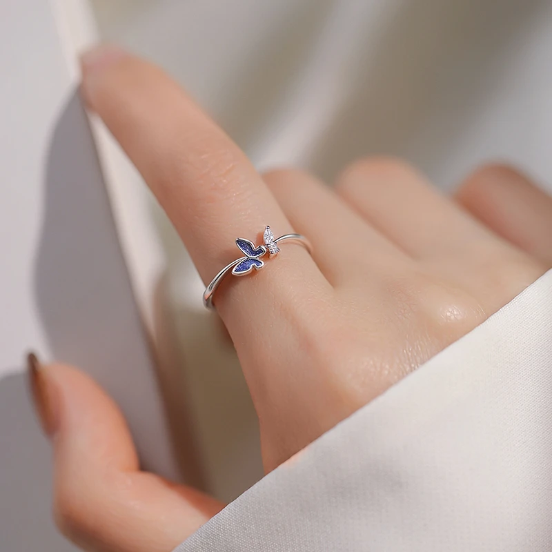 足银合成锆石戒指 蝴蝶戒指女小众设计轻奢高级开口戒素圈食指戒