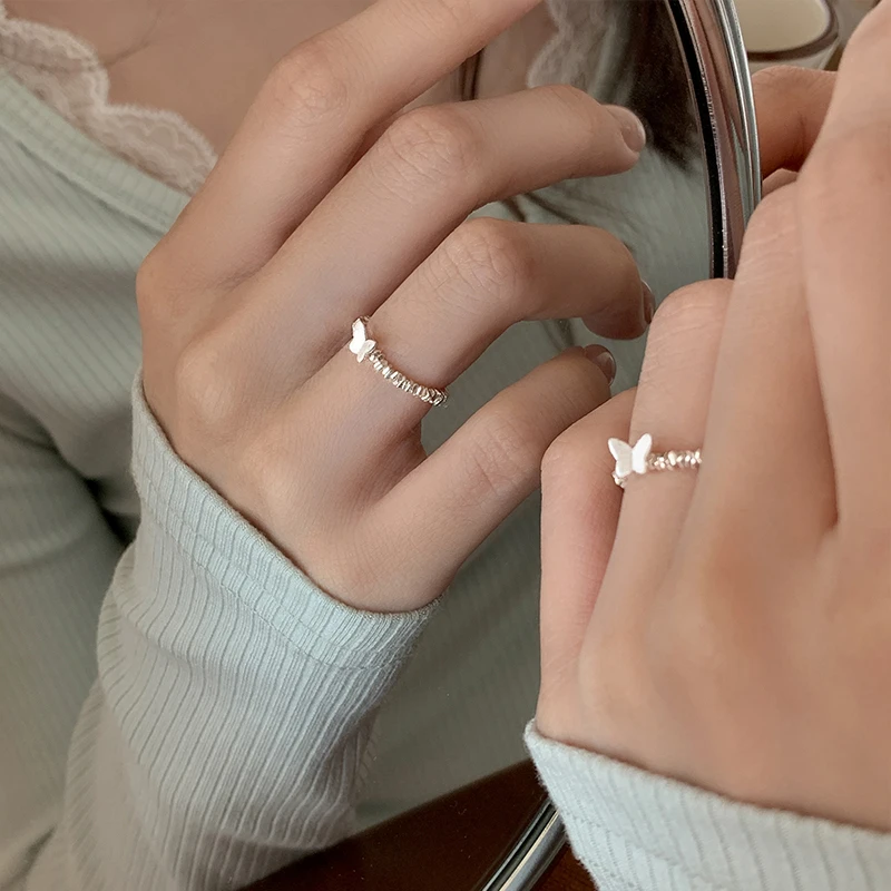 925银戒指 纯银碎银蝴蝶戒指轻奢女款食指戒小众高级感闭口戒素圈