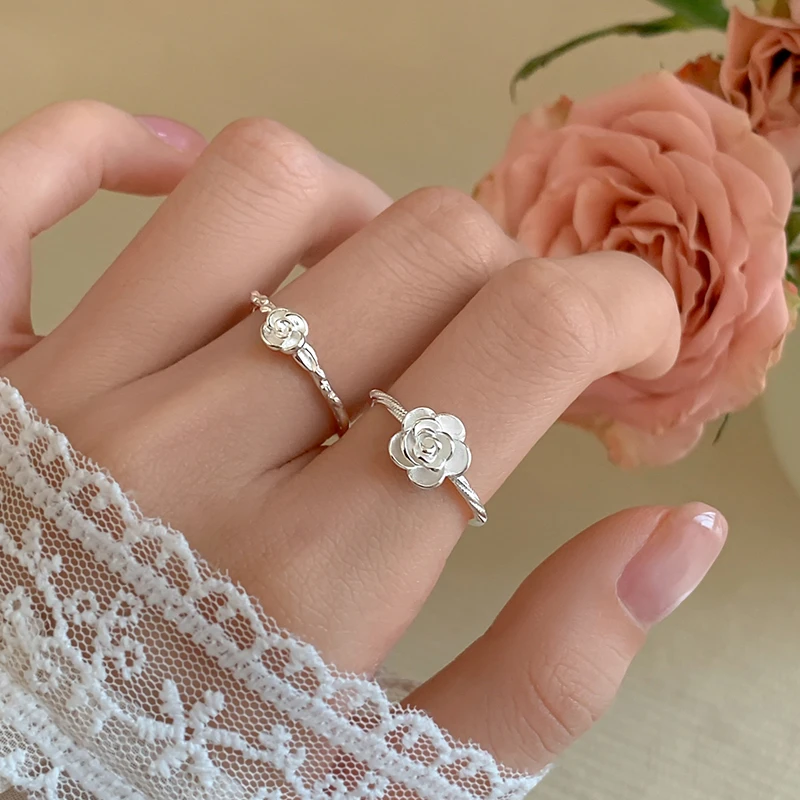 925银戒指 925纯银玫瑰花戒指小众轻奢高级食指戒女款素圈开口戒