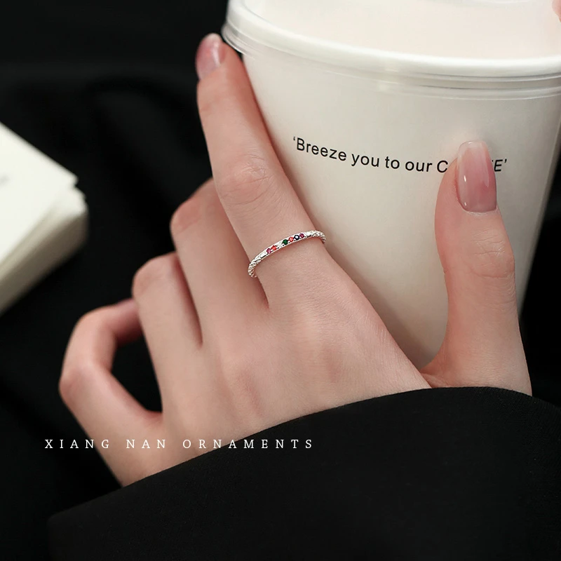 足银合成锆石戒指 999纯银彩虹开口戒小众设计感可调节素圈指环女