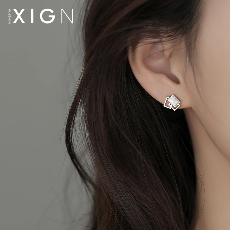 925银耳饰 纯银几何方形耳钉女轻奢小众设计耳饰时尚足银百搭饰品