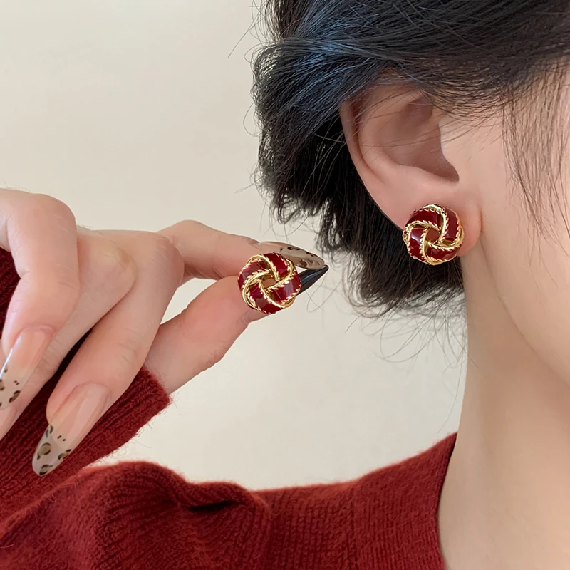 合金耳饰 999银针同心结耳钉2025蛇新年本命年红色耳环女过年耳饰