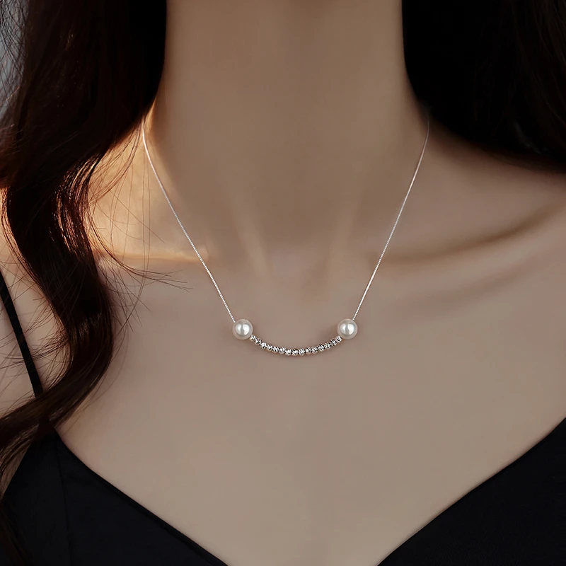 坠链均925银仿珍珠 微笑项链女轻奢气质设计感锁骨链时尚小众颈链