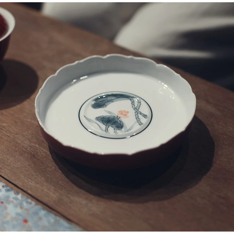 |宋青书院|《绛红》莲花壶承 高脚果盘 中式古典 手绘荷花 红色