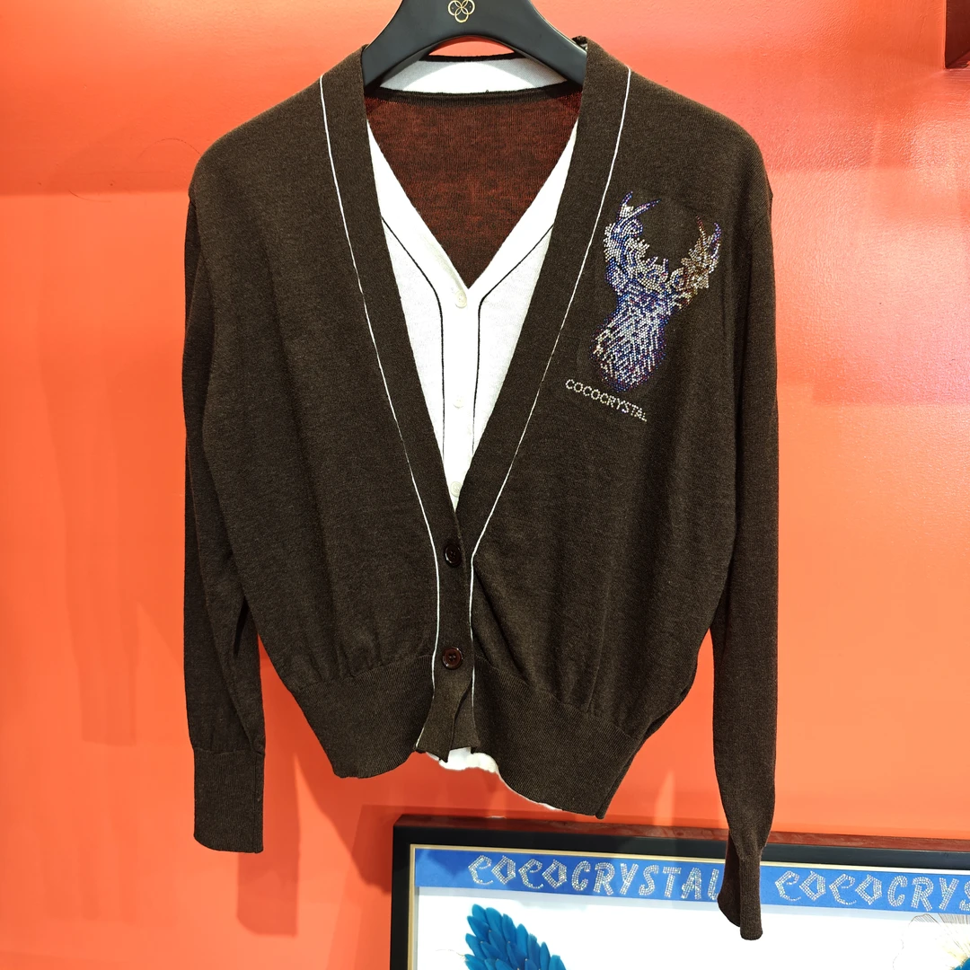 假两件豪华鹿图案针织开衫-咖色