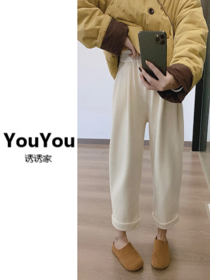 新款松紧腰显瘦休闲奶奶裤加绒