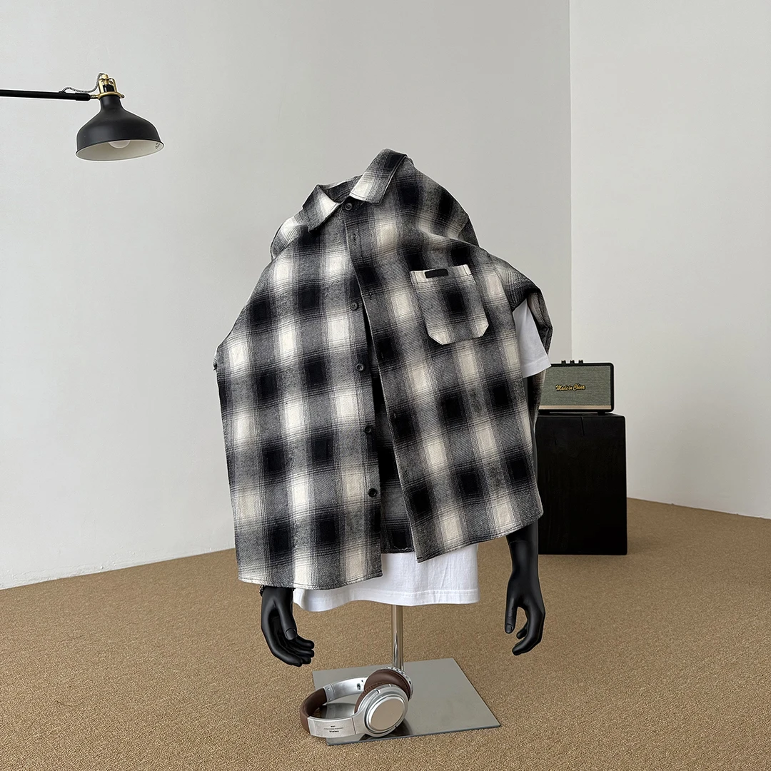 春秋潮流宽松纯棉格子衬衫法式工装男装衬衣休闲百搭上衣情侣外套