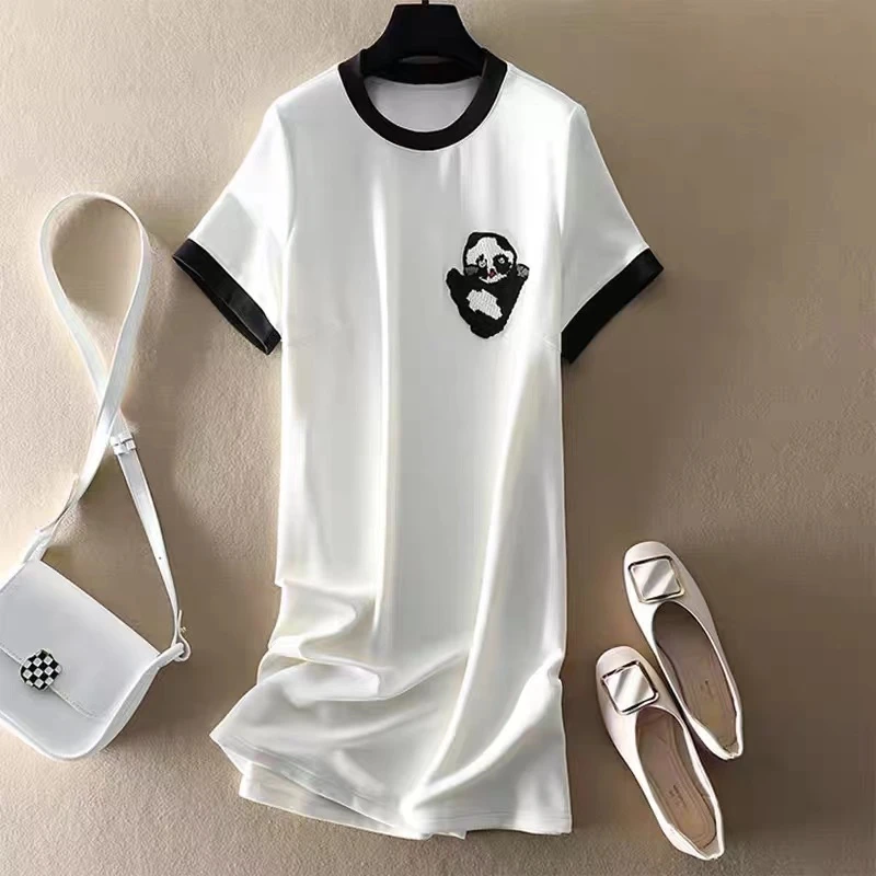 【SY021】小香风轻奢刺绣短袖t恤裙连衣裙女甜美名媛宽松直筒显瘦裙