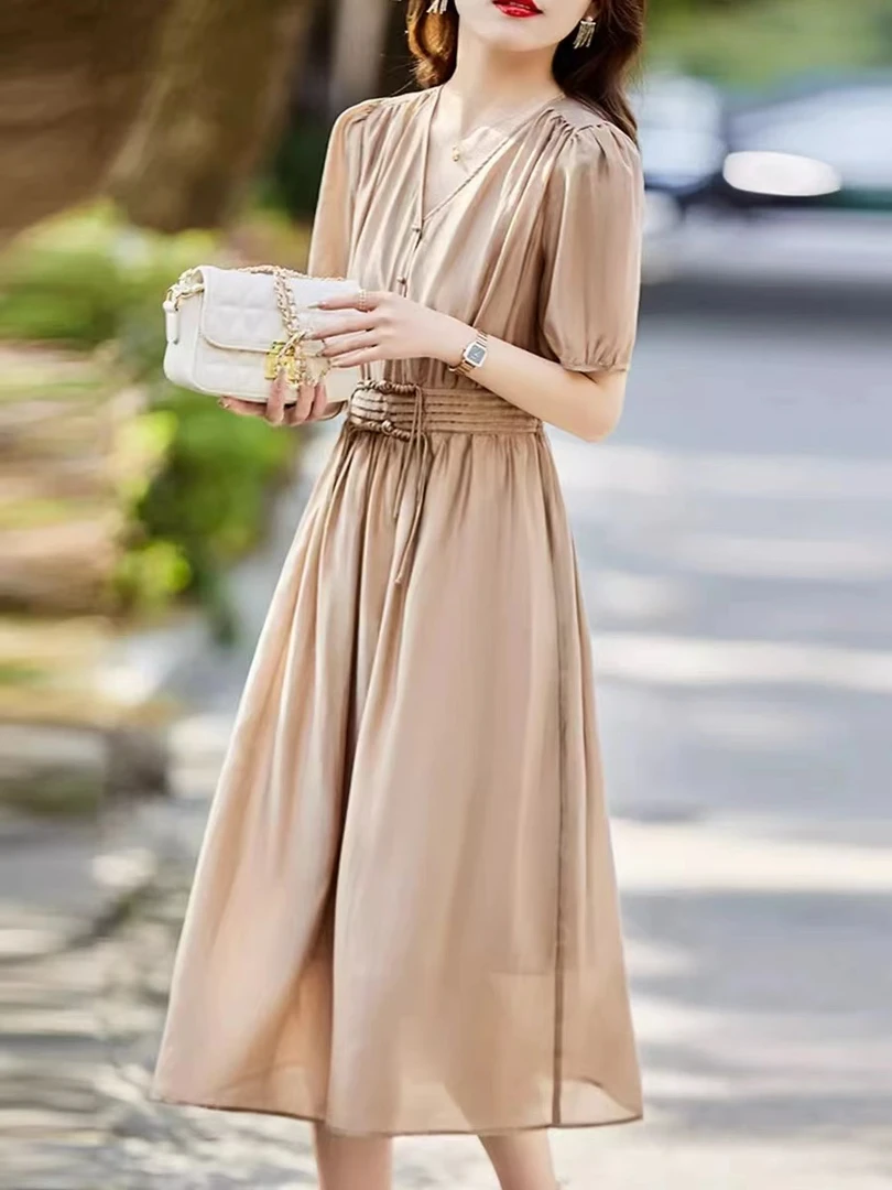 【SY138】女神休闲时尚夏装新款气质圆领短袖收腰显瘦中长连衣裙