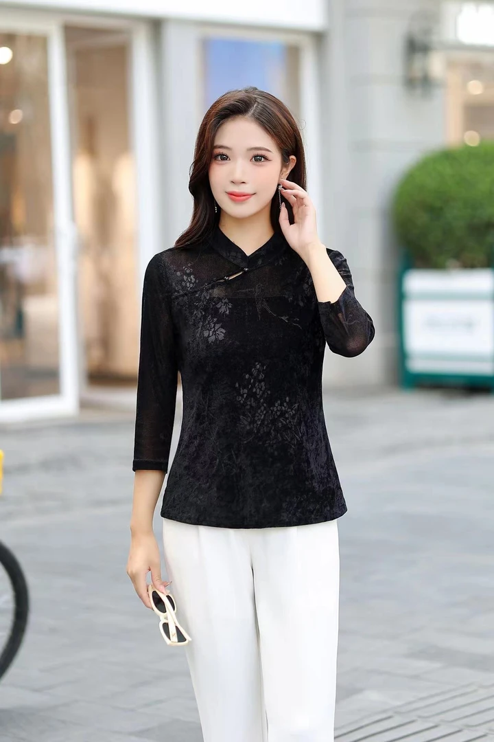 【SY092】新中式盘扣立领衬衫长袖女秋季2024新款复古斜襟唐装修身
