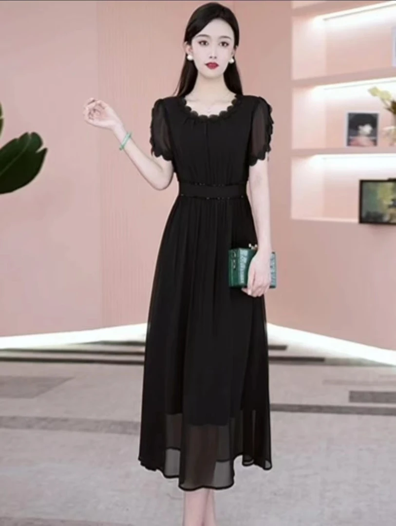 【SY129】气质黑色连衣裙2024女新款精致花边短袖圆领通勤高腰裙子