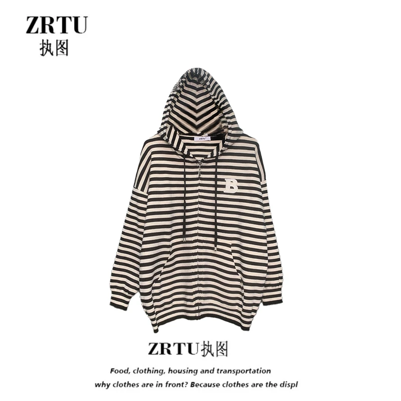 ZRTU/执图【ZRTU执图】原创潮牌条纹开衫拉链刺绣宽松卫衣