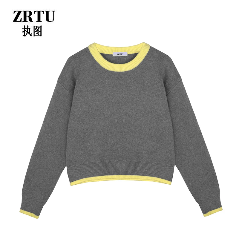 ZRTU/执图2024新款秋冬套头毛衣女撞色圆领休闲假两件针织衫