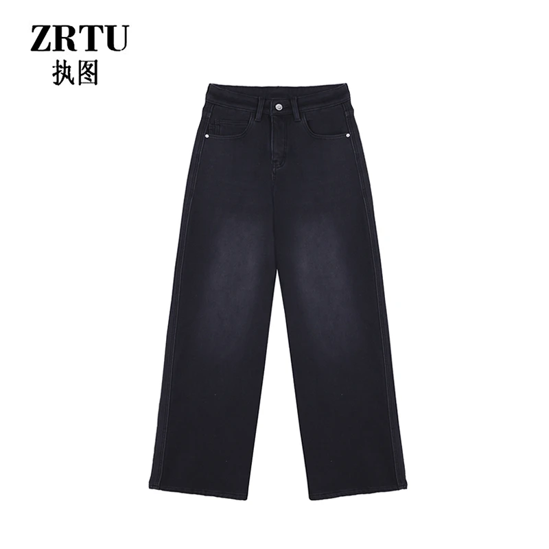 ZRTU/执图(自播）冬季新款复古休闲百搭高腰直筒加绒牛仔裤女孩