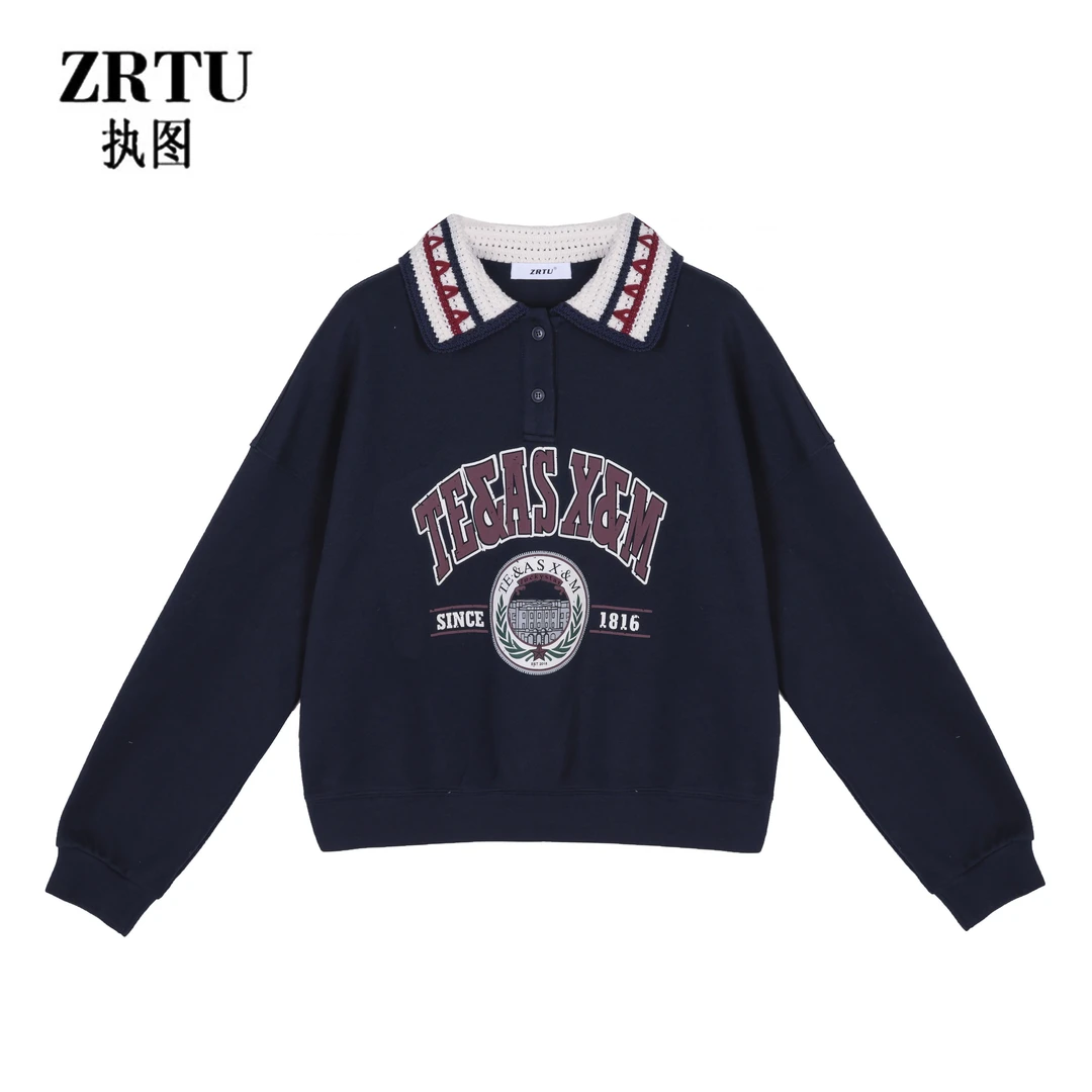 ZRTU/执图2025秋季新款印花假两件休闲polo翻领卫衣