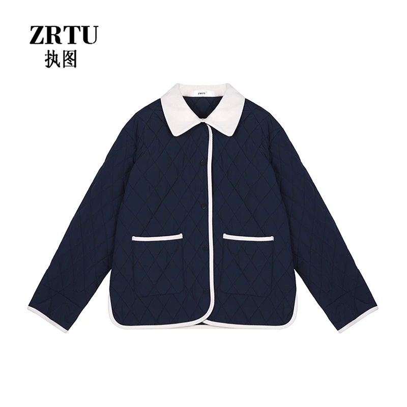 【交个朋友专属】ZRTU/执图新款简约百搭时尚翻领菱格拼色棉服外套