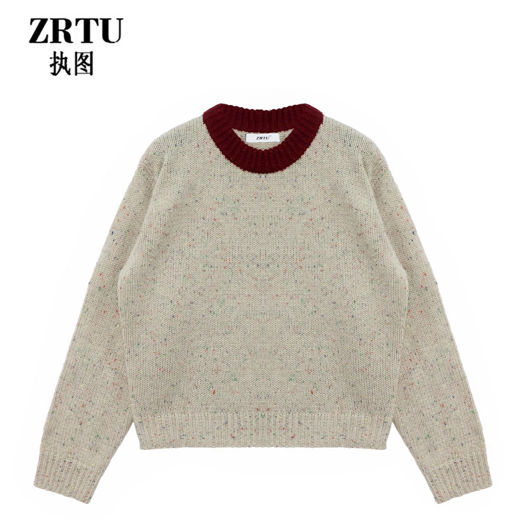 【ZRTU执图】2025秋冬圆领假两件纯色针织衫长袖套头休闲毛衣