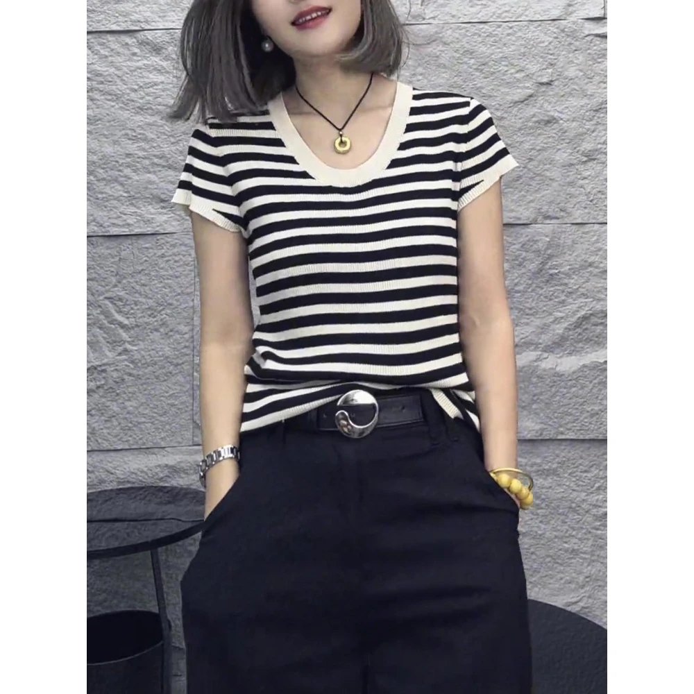 2024夏季新款条纹正肩简约显瘦气质洋气短袖T恤针织上衣女外穿