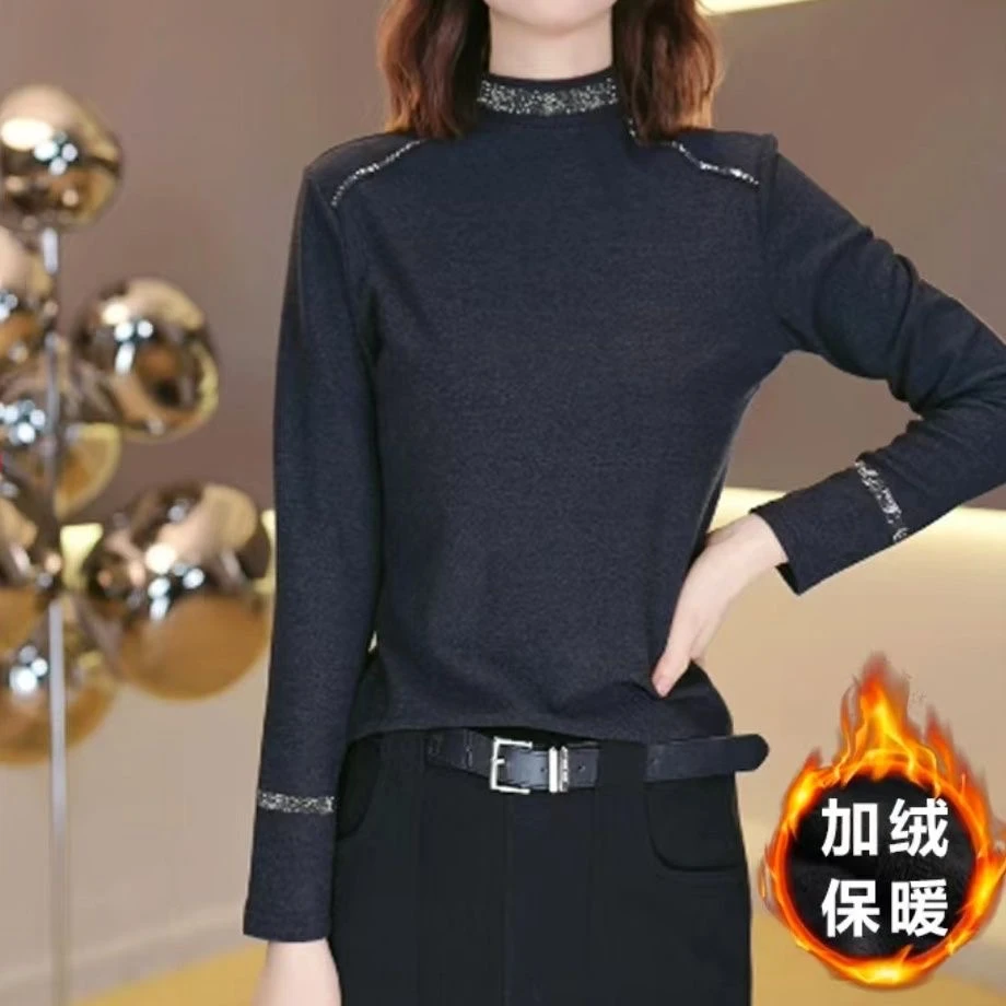 半高领气质上衣女2024秋装爆款修身长袖T恤打底衫女士百搭小衫