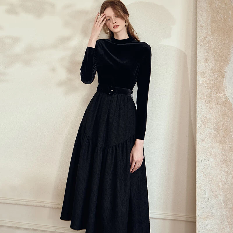 【小云总专享】罗衣优雅丝绒连衣裙2024冬新款气质拼接提花裙09719