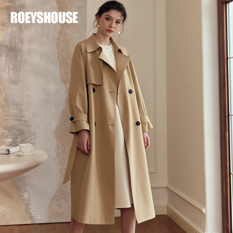 【RH】罗衣时尚宽松风衣女气质新款休闲卡其色双排扣中长外套09027
