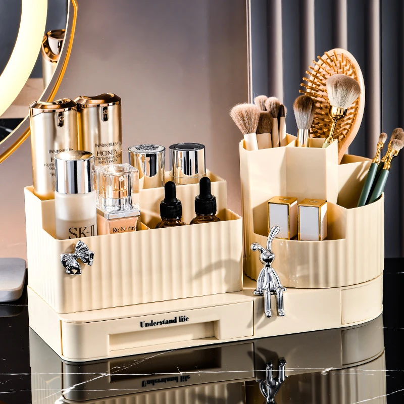 高颜值化妆品收纳盒旋转笔筒桌面大容量纸巾盒化妆刷眼影口红置物