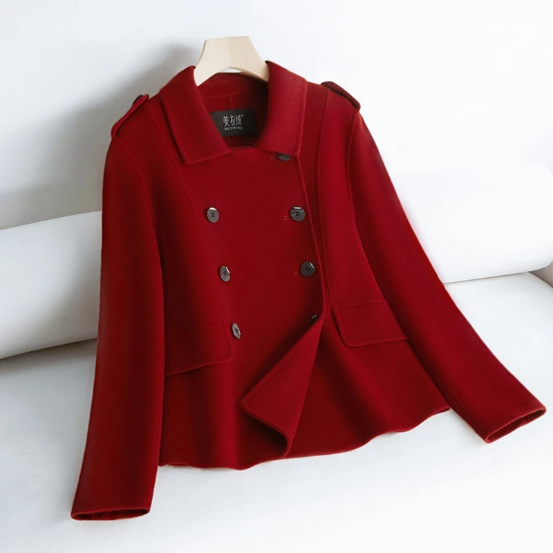 拉菲红双面绒羊毛大衣女短款2024时尚双排扣气质显瘦羊毛呢外套