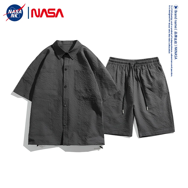 NASA联名短袖套装男夏季潮流百搭休闲斜纹提花冰丝宽松痞帅男装ZK