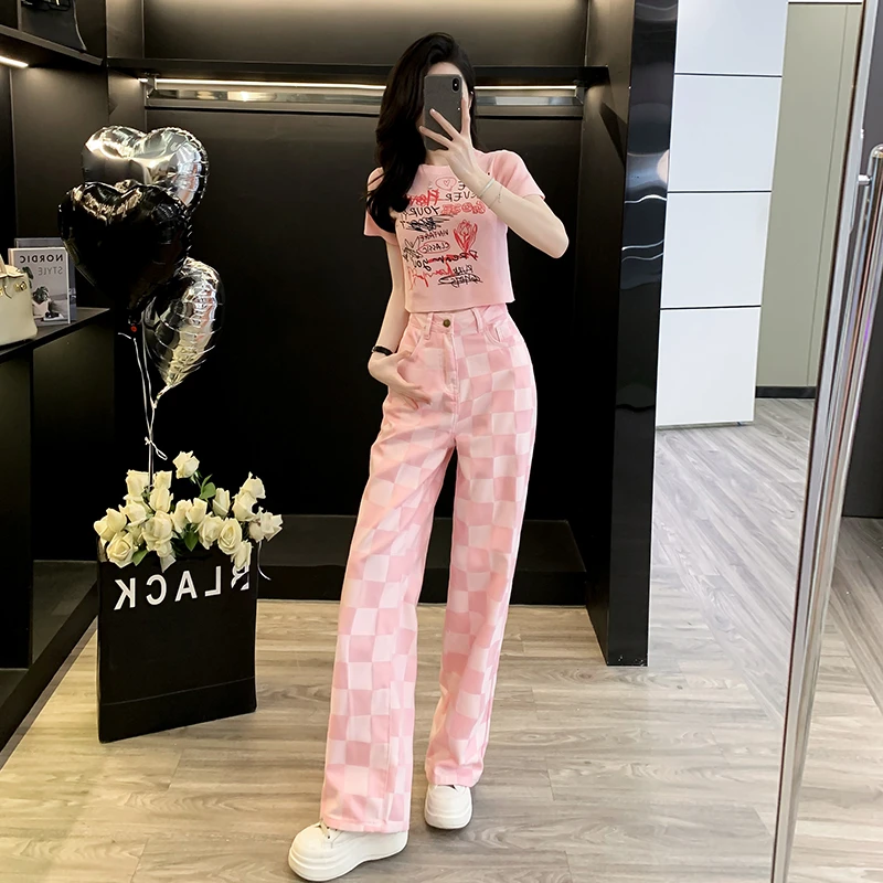 字母印花修身正肩短袖T恤女上衣粉色牛仔裤女夏天薄款高腰阔腿裤