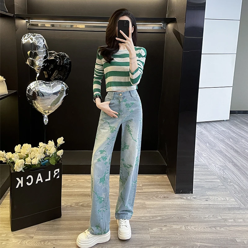 2024年新款春秋季女装长袖T恤高腰显瘦绿色刺绣个性阔腿直筒裤女