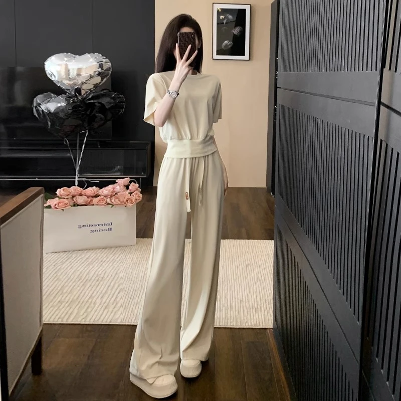网红运动休闲套装女夏2023新款收腰减龄气质短袖阔腿裤两件套洋气